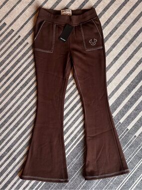 True Religion Chicory Coffee Brown Flared Pants with White Topstitching